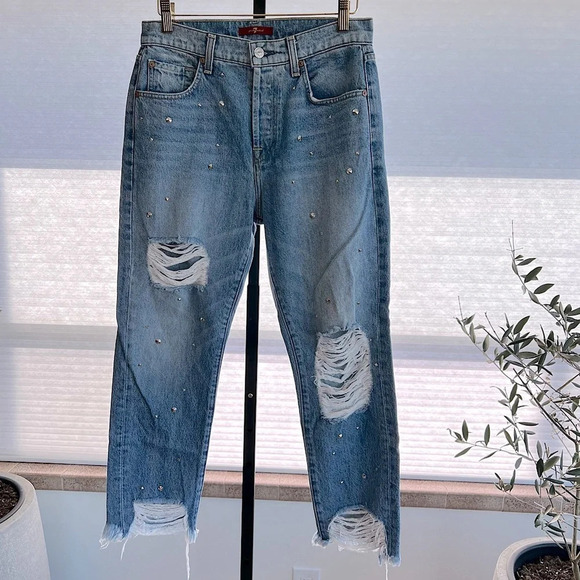 7 For All Mankind High Waist Josefina Diamonte Distressed Jeans 26 Boho Glam - Picture 1 of 5